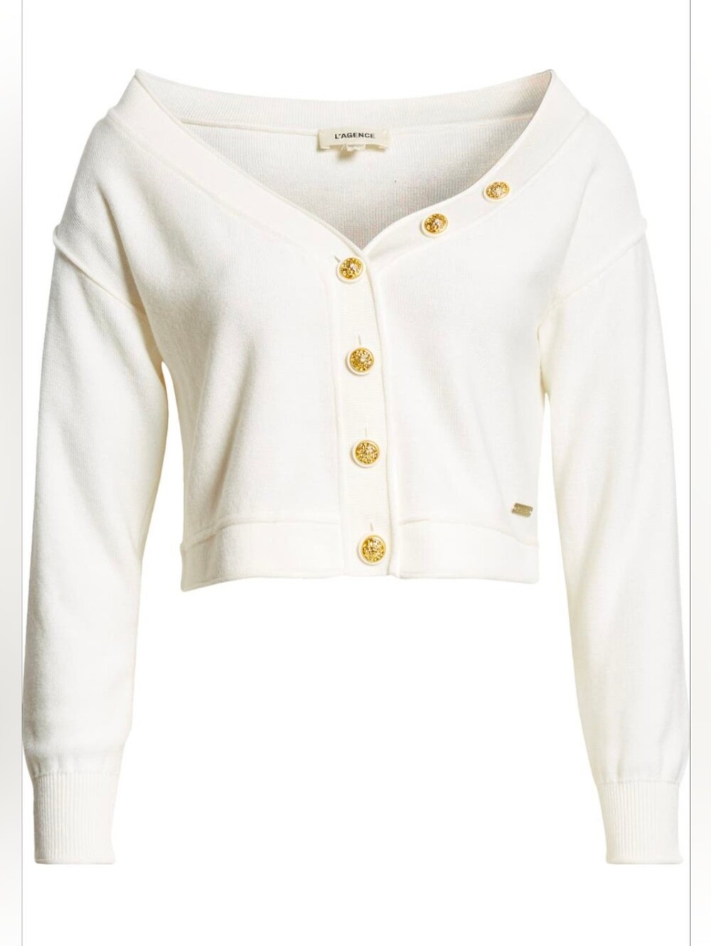 NWT L'AGENCE Off-Shoulder Cropped Cardigan Sweater Ivory  Gold Buttons Size XXL